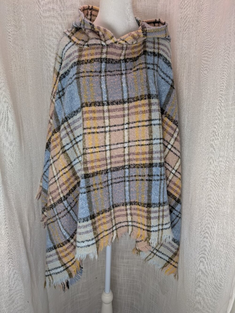 Hooded Tan & Blue Plaid Poncho - One Size